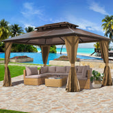 10'x13' Patio Hardtop Gazebo Canopy Polycarbonate Double-Roof w/ Netting & Curtains, Brown